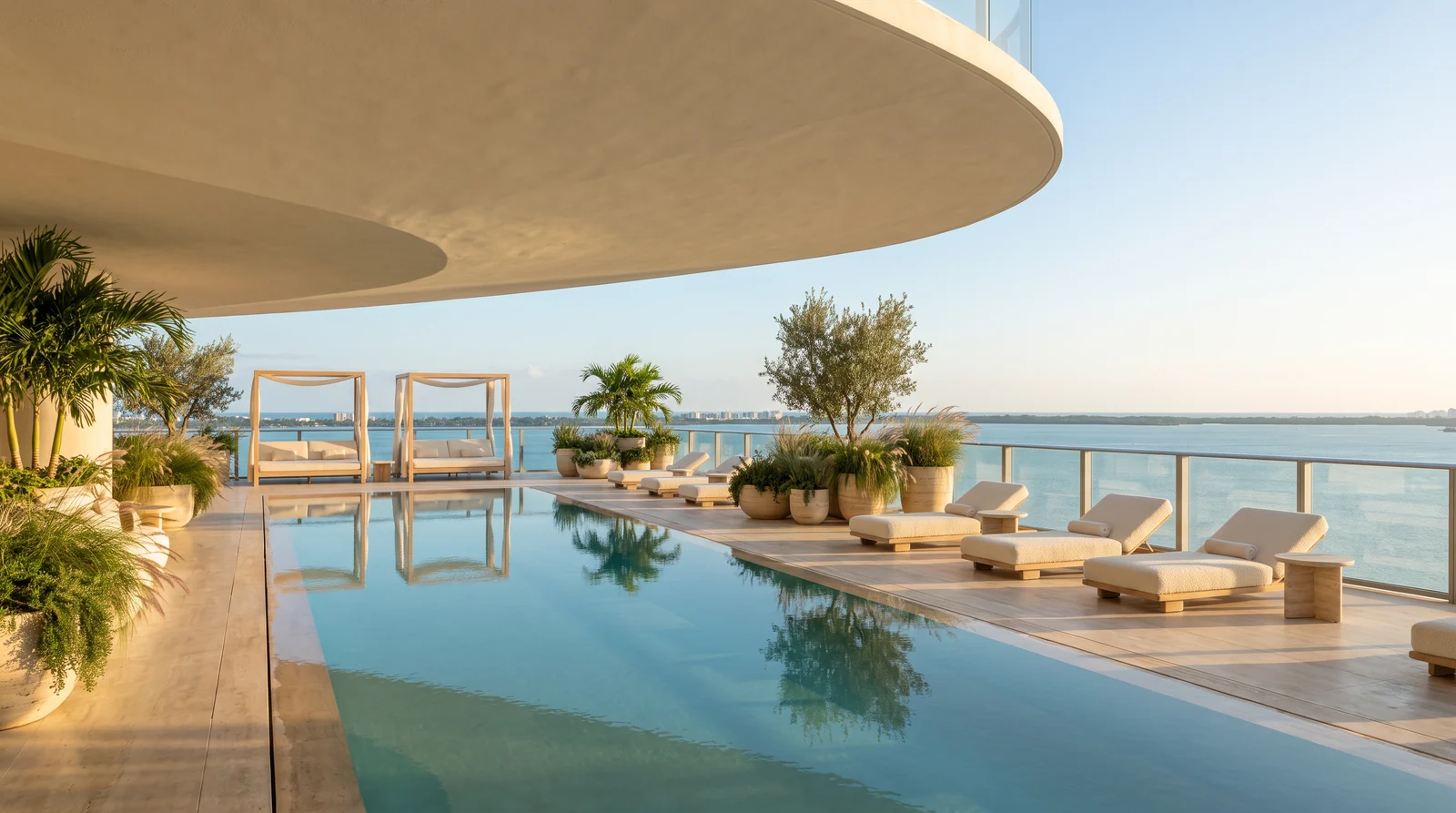 The imagined NORIA podium pool, palms and waterfront terrace