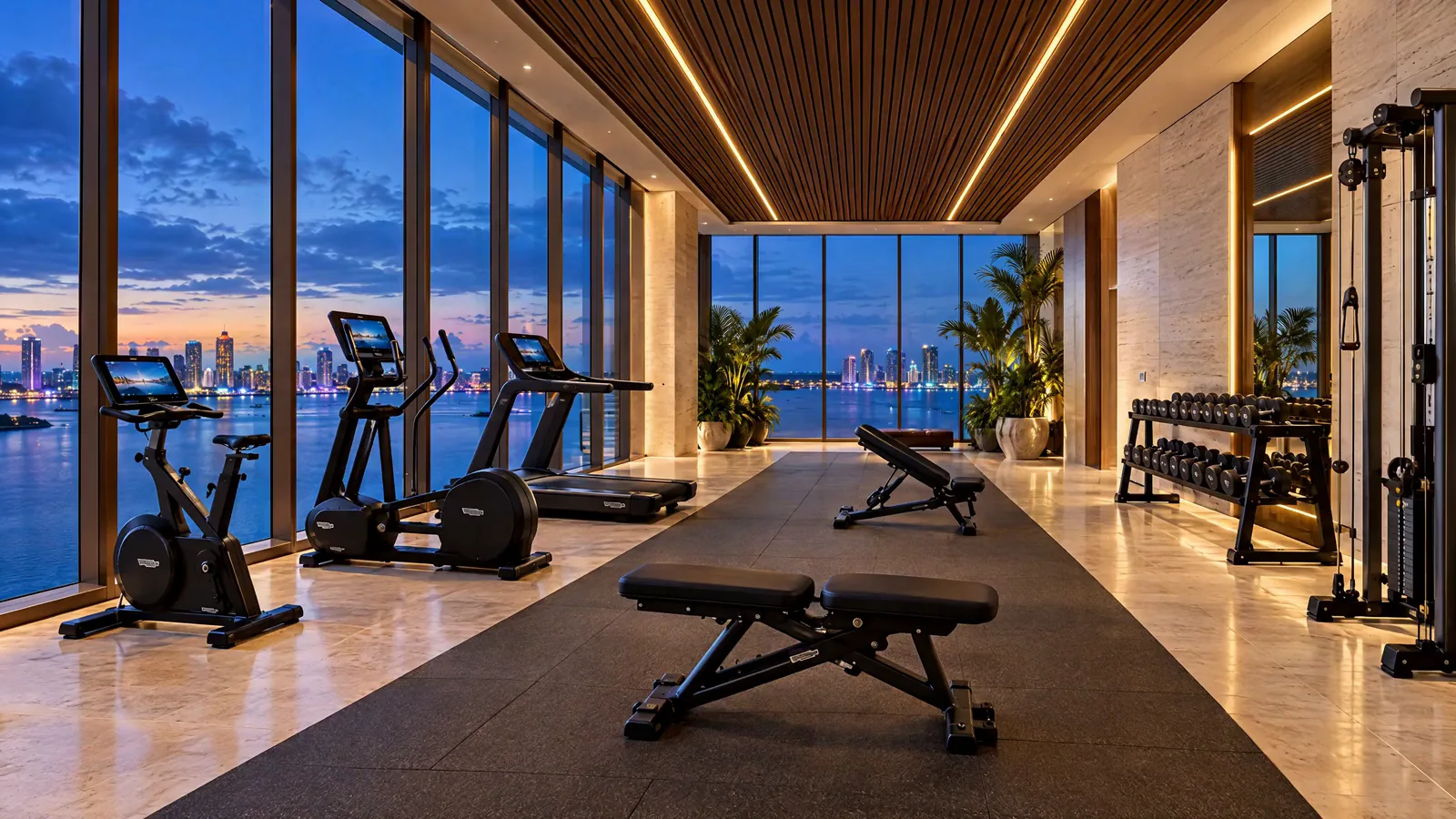 NORIA residents gym with travertine walnut ceilings and panoramic bay views at dusk