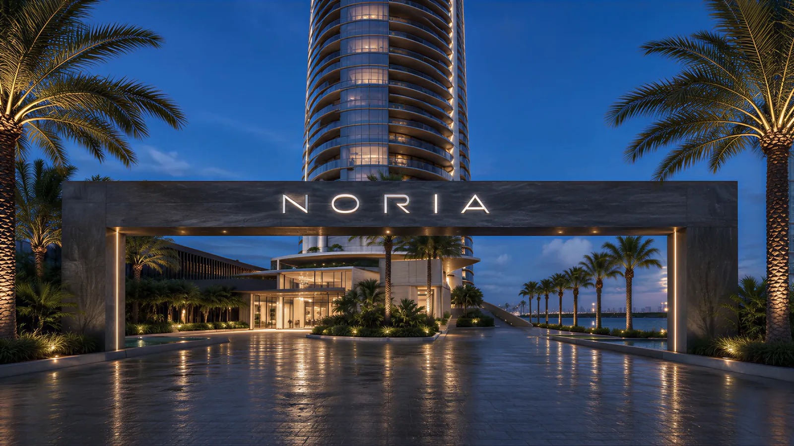 Illuminated NORIA lettering on a stone entrance portal framed by palms at blue hour